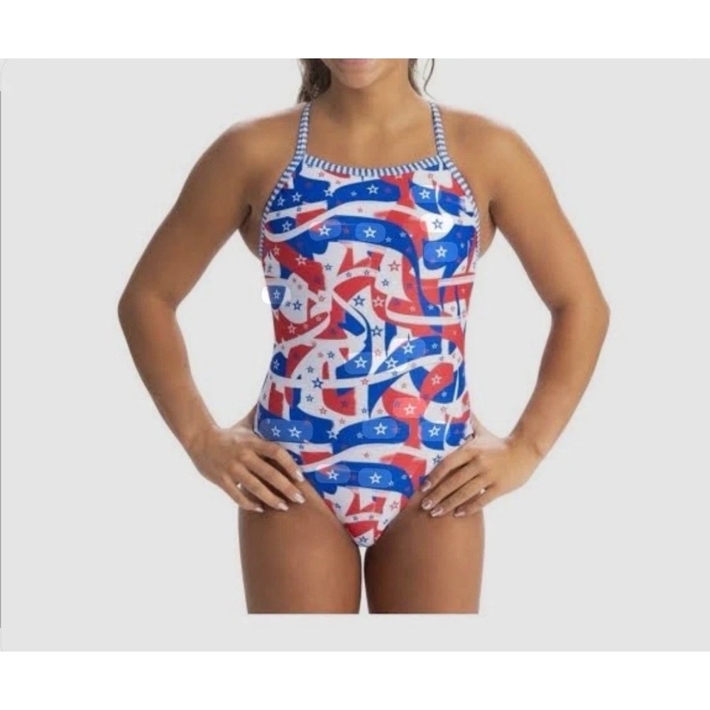 Dolfin Uglies Womens V-Back One Piece Training Swimsuit Patriotic Stars Red Blue